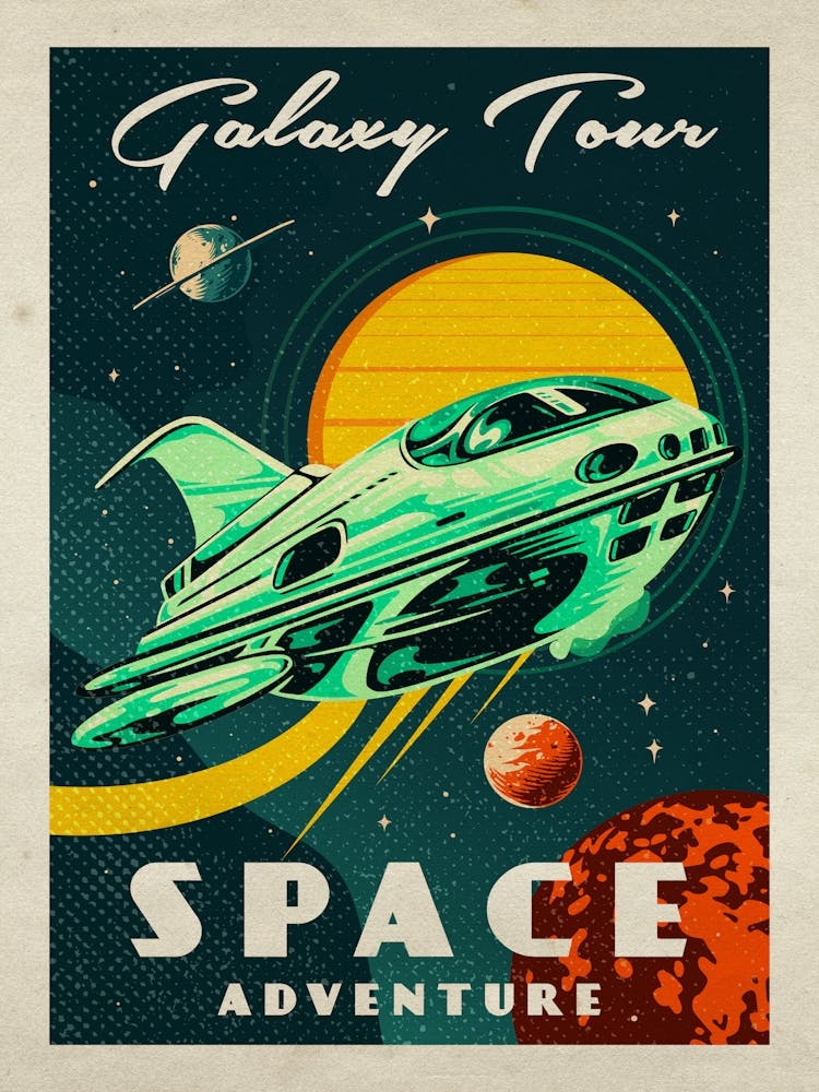 Galaxy Tour. Space adventure — Vintage retro space poster, retrofuturism poster