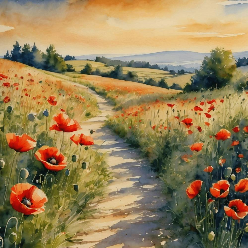Champs de Coquelicots - Chemin descendant la colline vers la Douce Maison | Peinture de Coquelicots à l'Aquarelle Été Juin Juillet | Campagne Ensoleillée Colorée