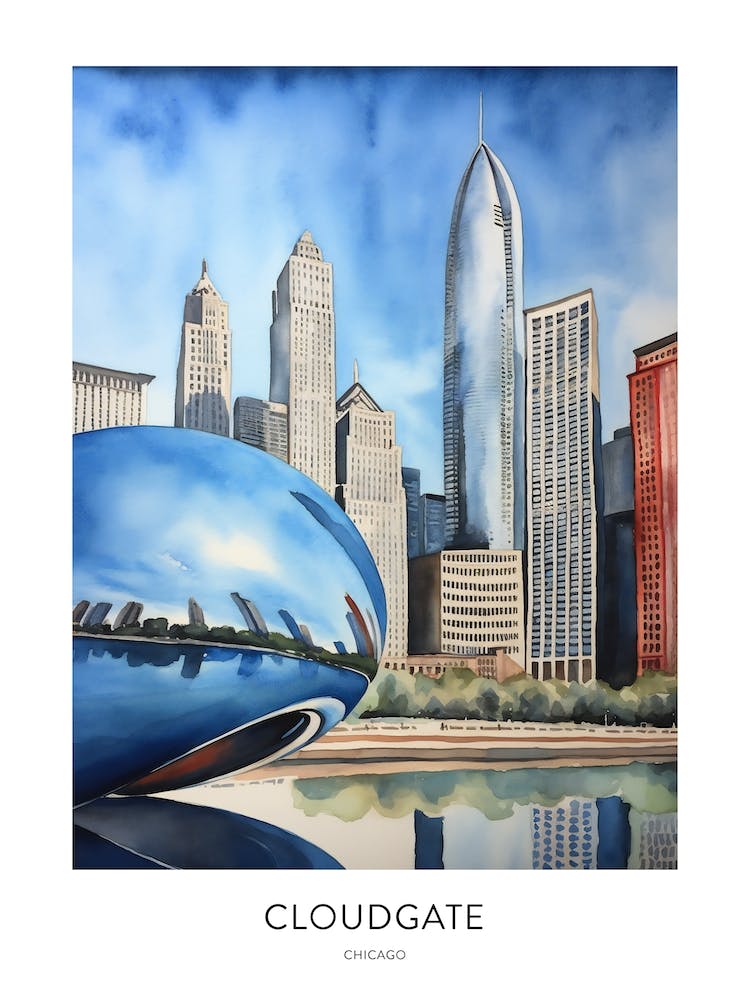 Cloudgate Chicago Watercolour Travel Poster