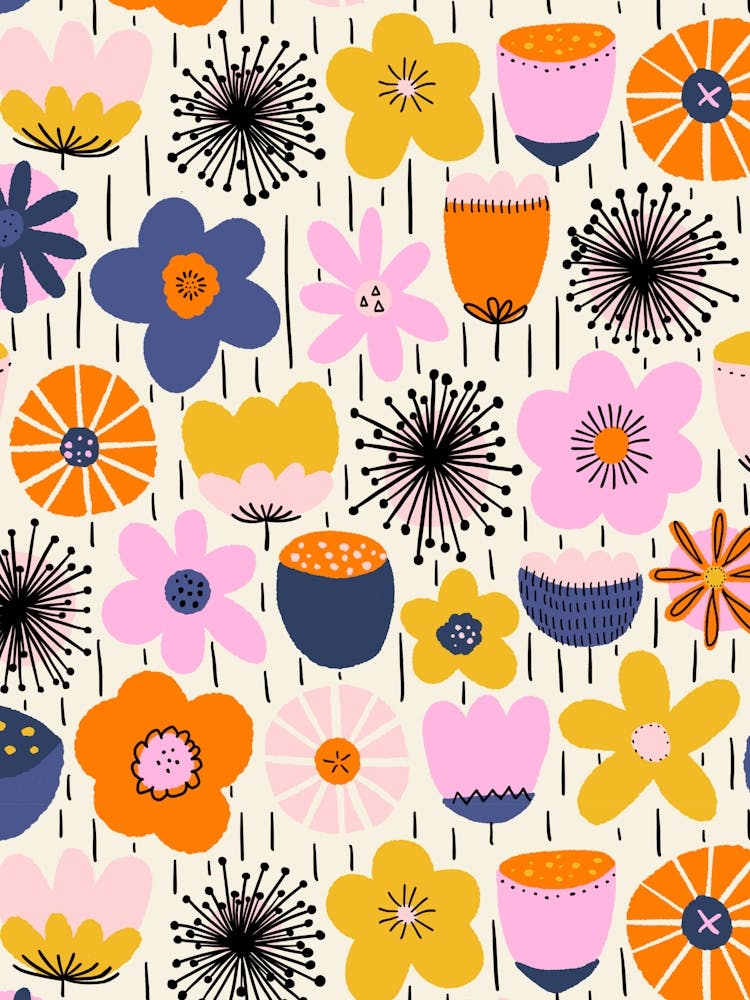 Blooming Scandinavian Retro Flowers Soft Multicolor