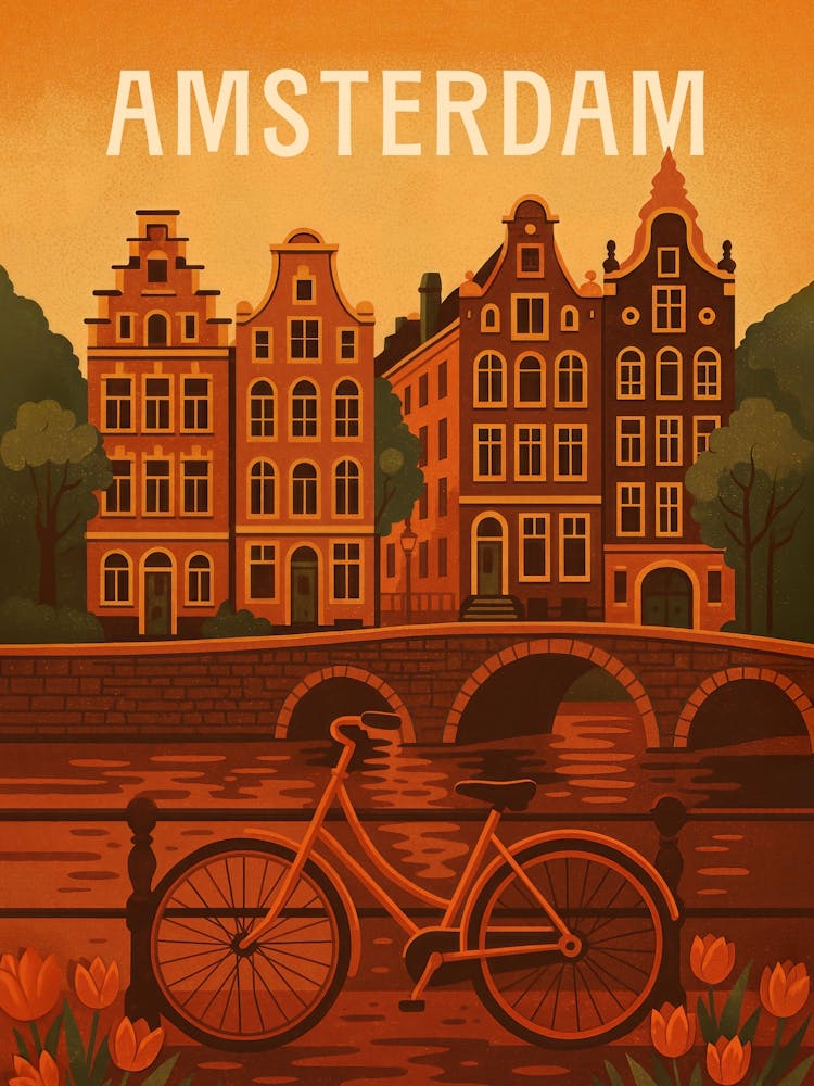Amsterdam Travel Poster Netherlands – Canals, Bikes & Tulips: A charming flat-design travel poster of Amsterdam with iconic canals, bikes, and blooming tulips. This Dutch cityscape captures the spirit of the Netherlands in spring – perfect for lovers of u