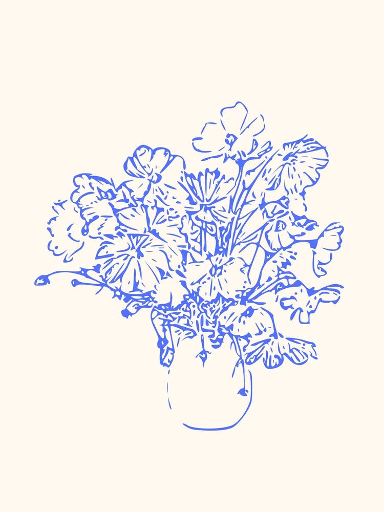 Blue Line Drawing Vase Of Flowers