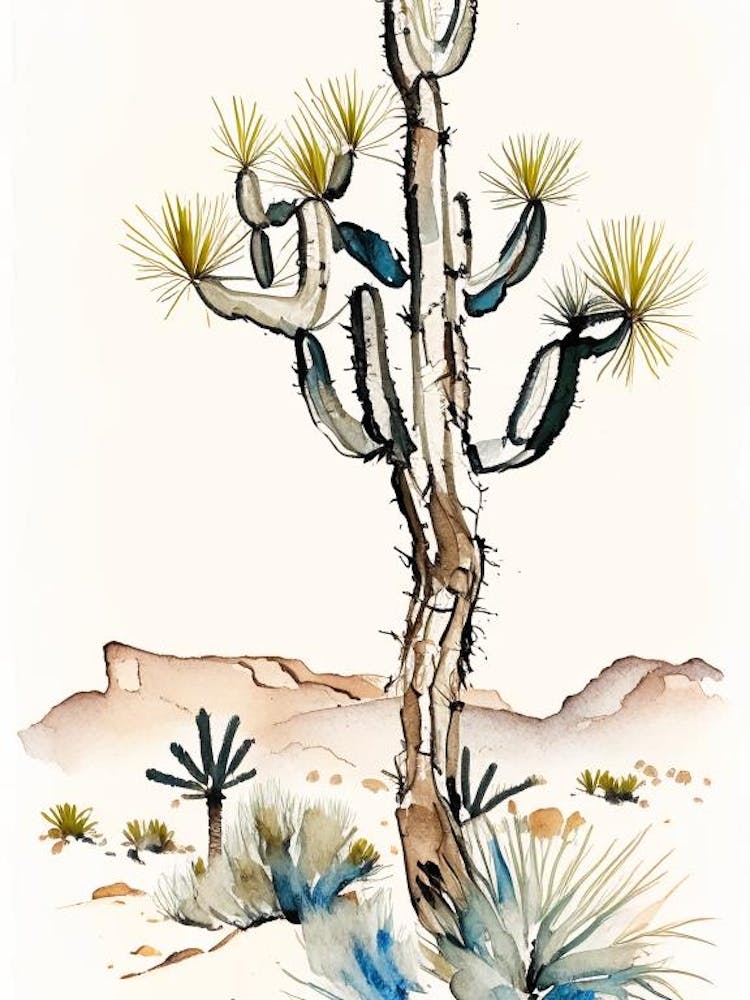 Joshua Tree In Mountain Foothill Minimalistisches Aquarell (2)