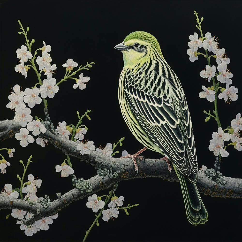 Ohara Koson Inspired Bird Painting Yellowhammer 2 Square