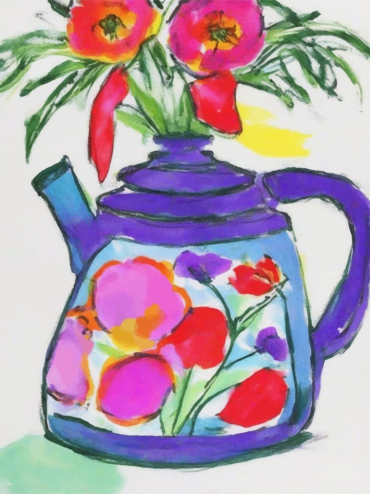 Teapot With Flowers colorful painting