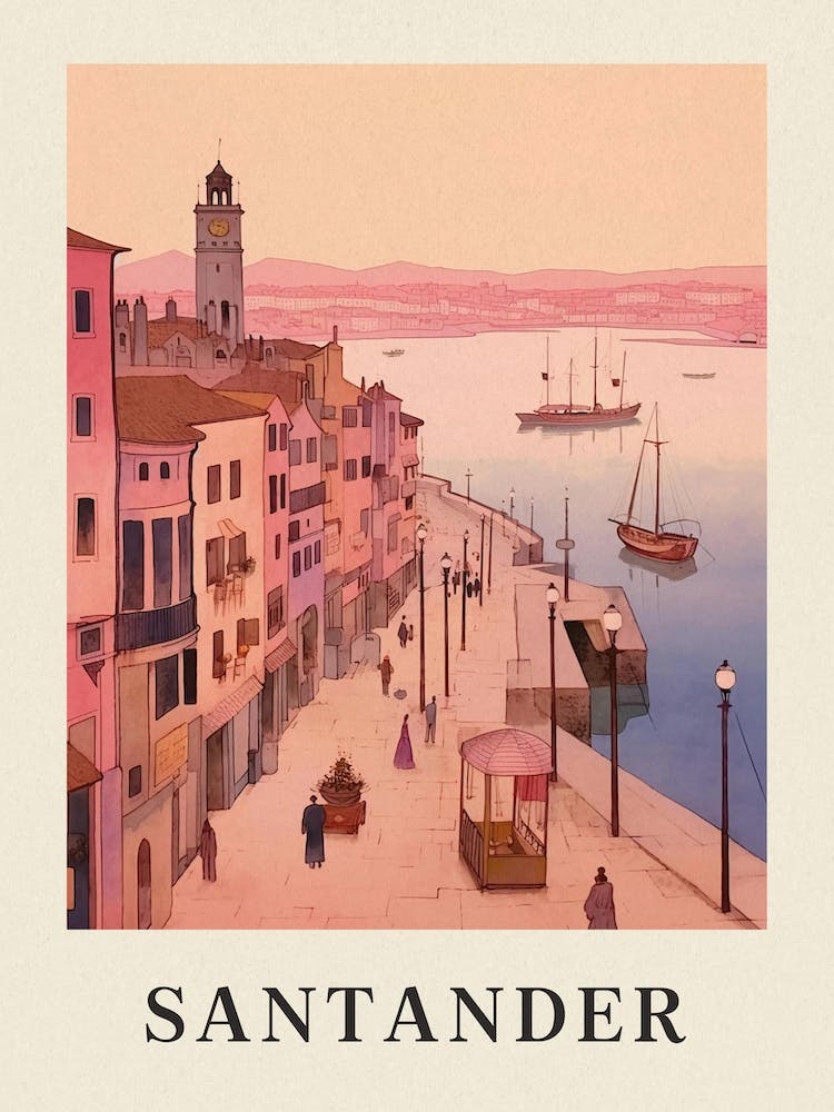 Santander Spain 2 Vintage Pink Travel Illustration Poster