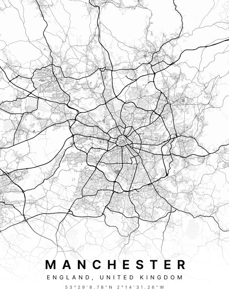 Manchester England White Map