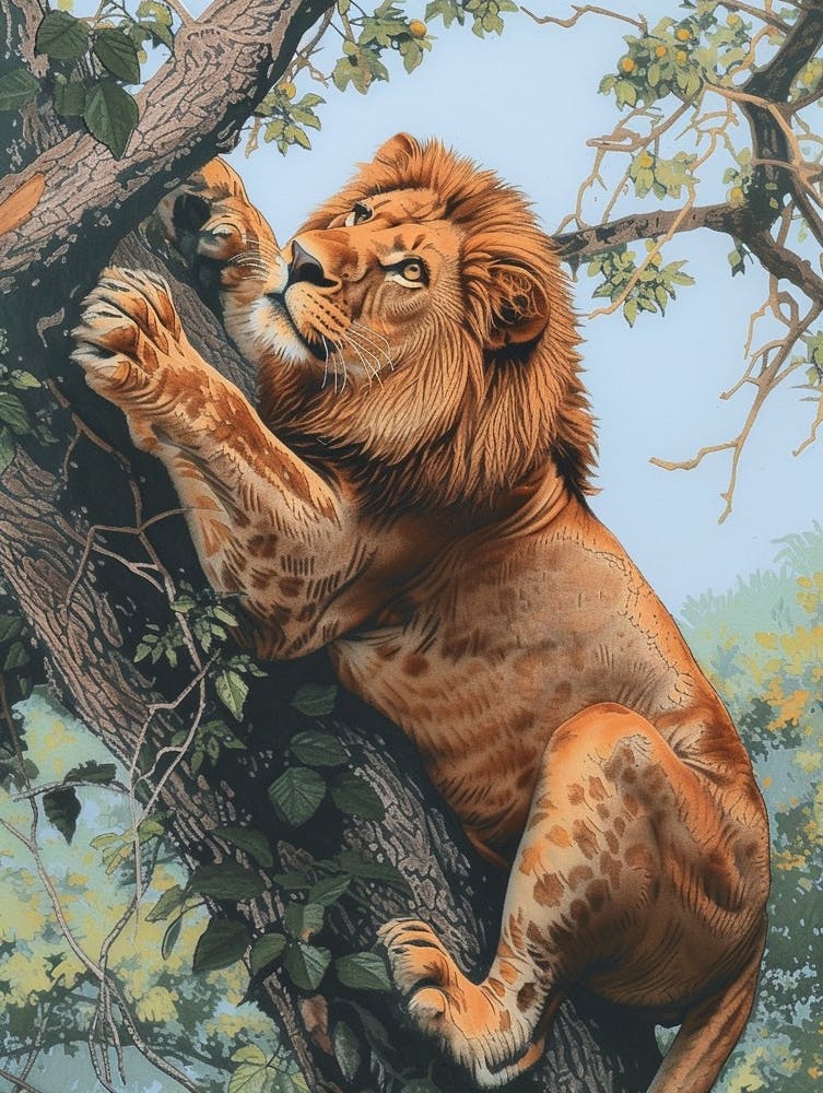Barbary Lion Relief Illustration Climbing A Tree 3