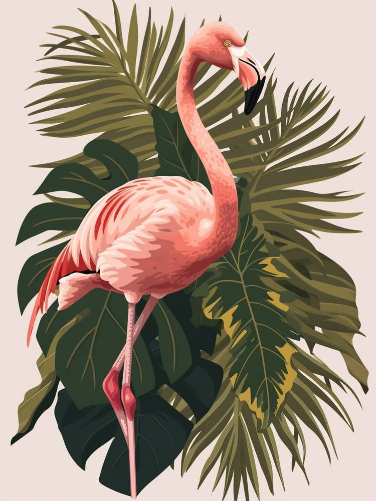 American Flamingo And Alocasia Elephant Ear Minimalist Illustration 1