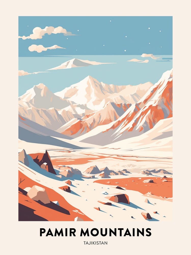 Vintage Winter Travel Poster Pamir Mountains Tajikistan 1