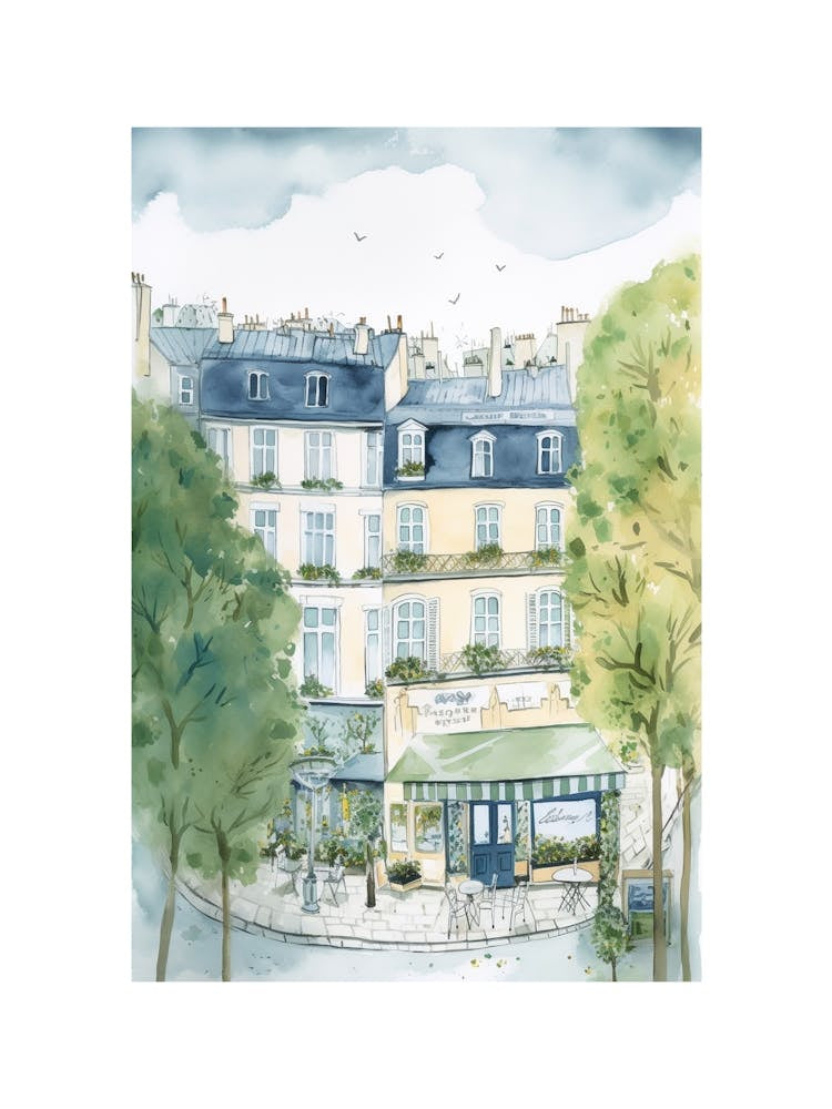 Paris France Cafe Scene Illustration Watercolour