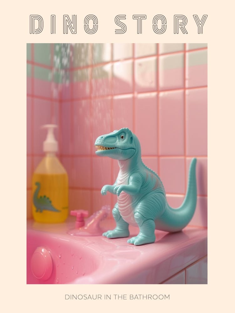 Pastel Toy Dinosaur In A Bathroom Poster