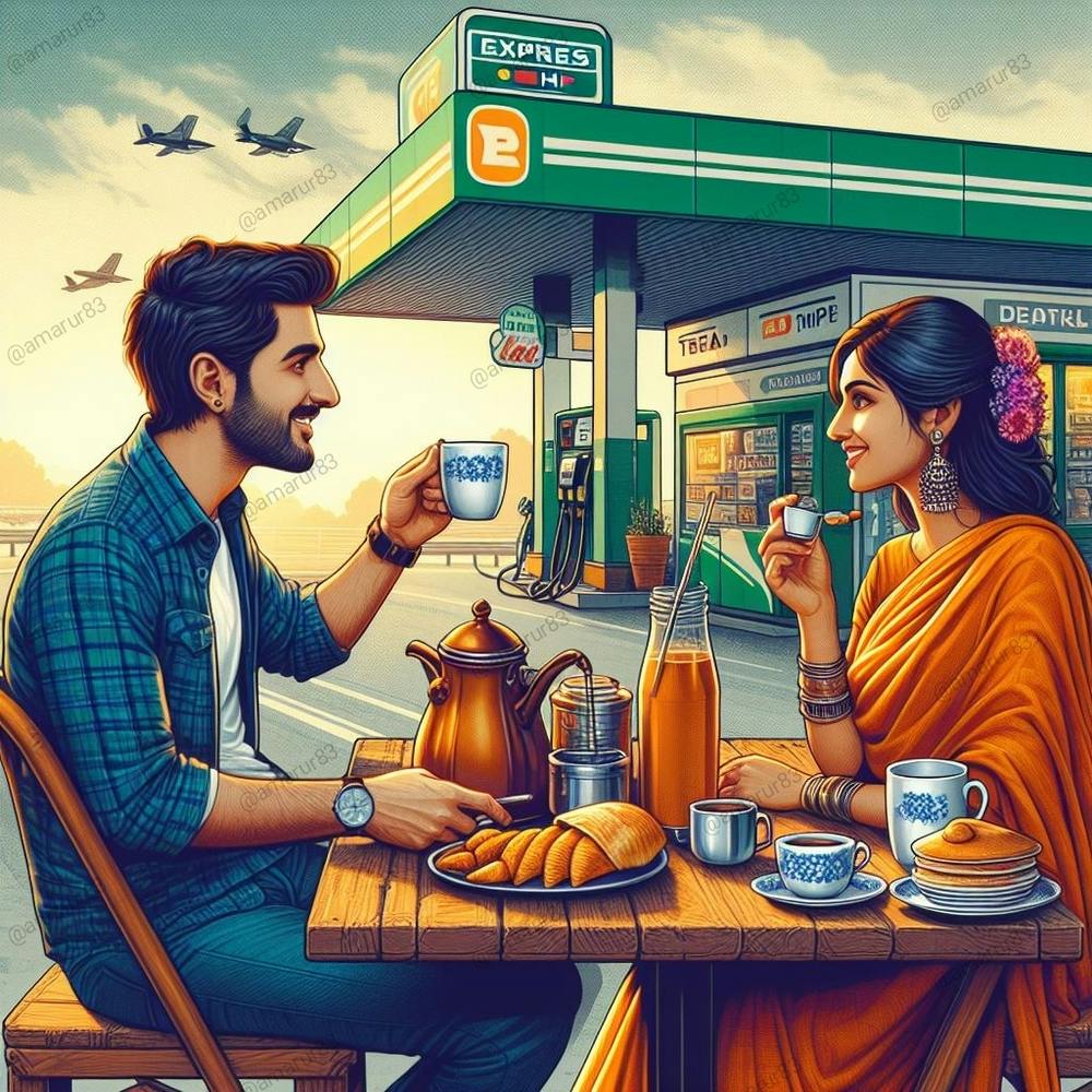 Couple Having Coffee At Gas Station