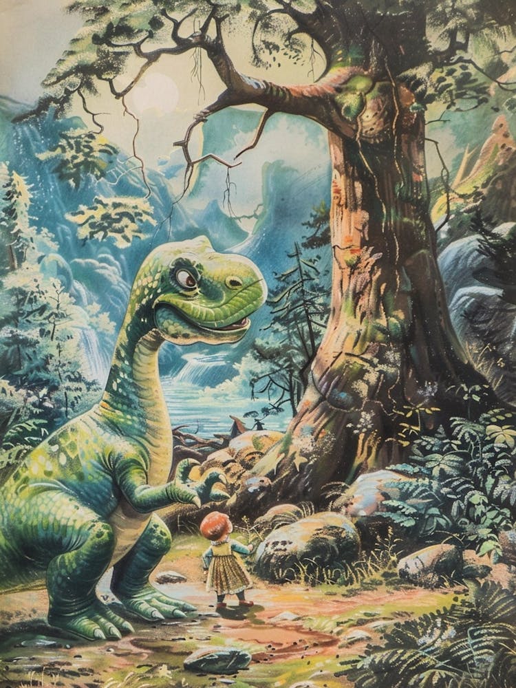 Dinosaur & Child Vintage Storybook Painting