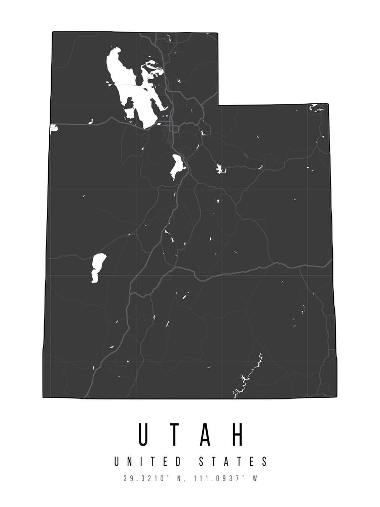 Utah Mono Black And White Modern Minimal Street Map