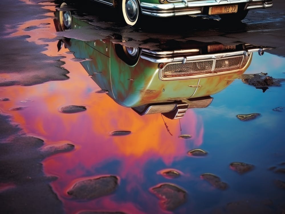 Vintage Alien Car Reflection In A Pink Puddle