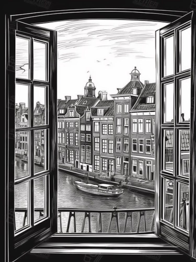 A Window View Of Amsterdam In The Style Of Black And White Line Art 1