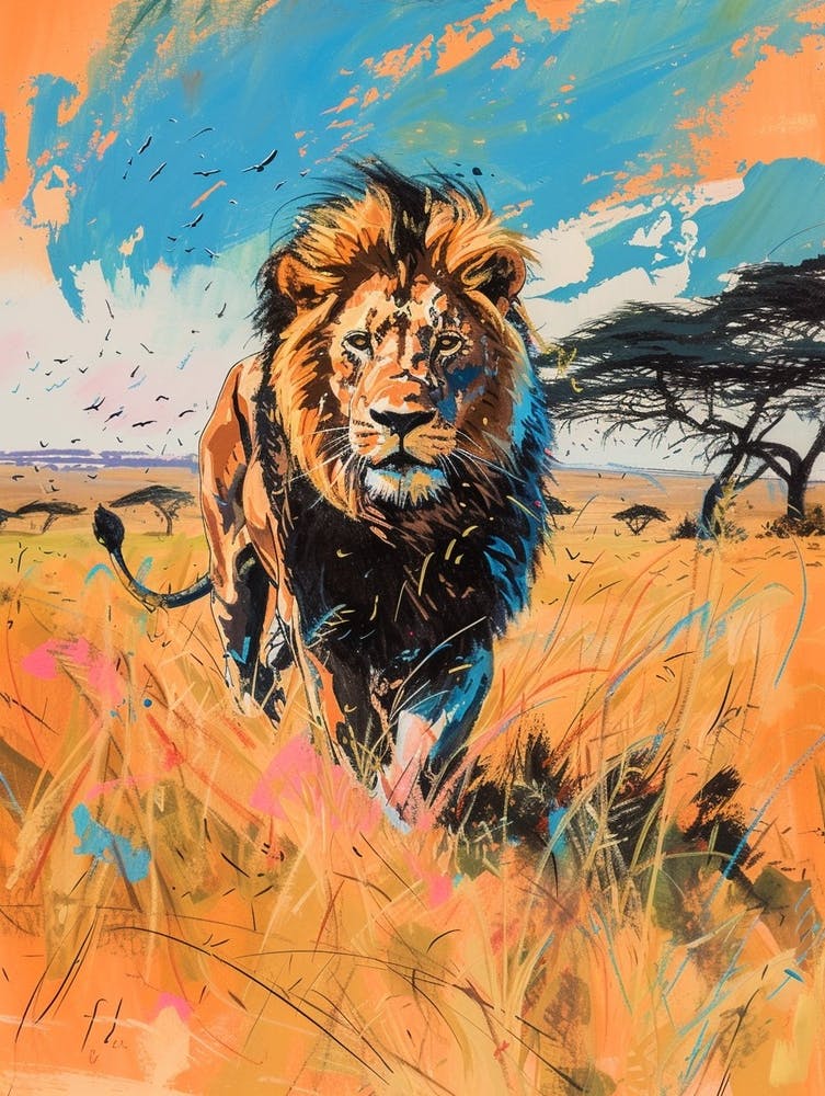Masai Lion Hunting In The Savannah Fauvist Painting 3