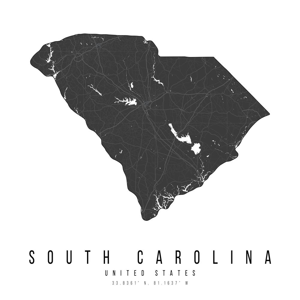 South Carolina Mono Black And White Modern Minimal Street Map Square