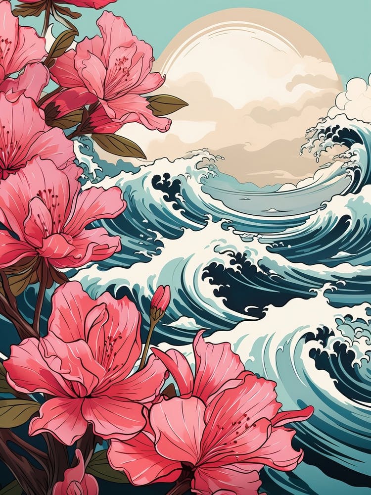 Great Wave With Rhododendron Flower Drawing In The Style Of Ukiyo E 2