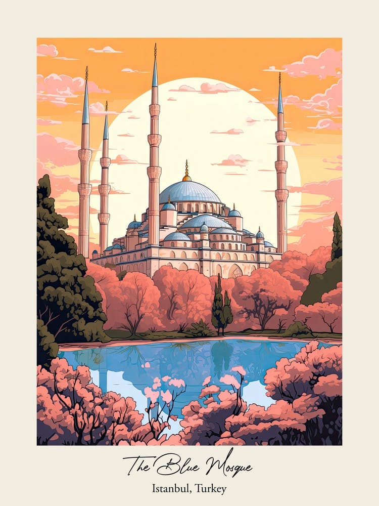 The Blue Mosque   Istanbul, Turkey   Cute Botanical Illustration Travel 1 Poster