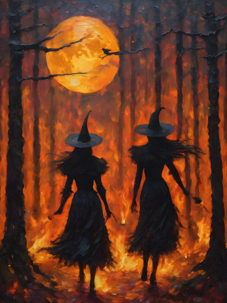 Witches Making Mayhem in Fiery Woods - Witchcraft Oil Painting Gothic Horror Halloween Artwork of Beltane Fire Festival on a Full Moon - Pagan Wiccan Wheel of the Year