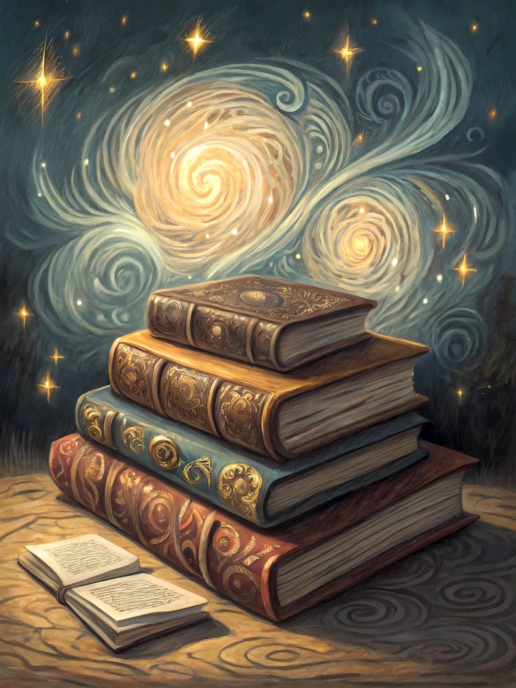 Oil Painting Style Mystical Books with Swirling Light Fantasy