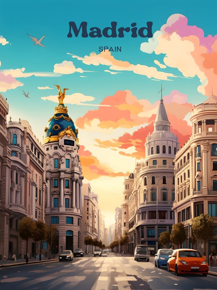 Madrid Spain Sunset Travel Illustration