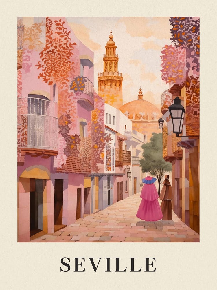 Seville Spain 4 Vintage Pink Travel Illustration Poster