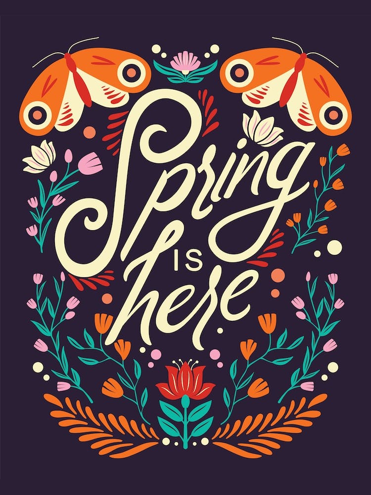 Spring Is Here Hand Lettering With Flowers And Moths On Deep Purple