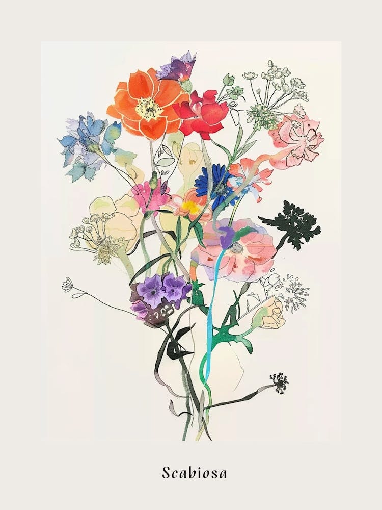 Scabiosa 1 Collage Flower Bouquet Poster
