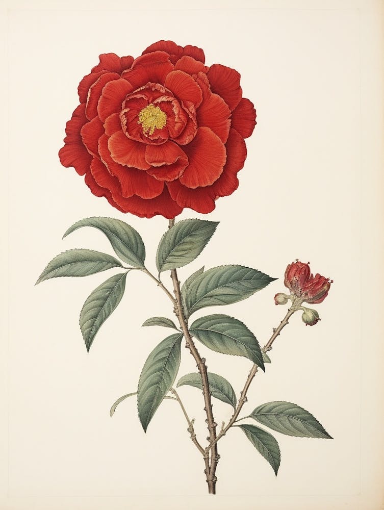 Higanatsu Red Camellia2 Vintage Japanese Botanical
