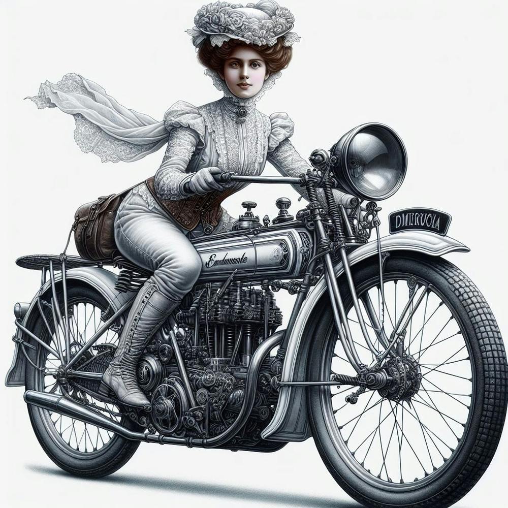 Motorbike Girl From A Bygone Era 4/4 (victorian black and white sepia woman female lady cycle wheels exciting)