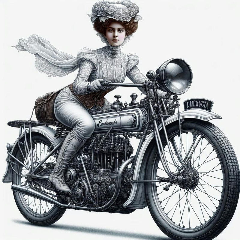 Motorbike Girl From A Bygone Era 4/4 (victorian black and white sepia woman female lady cycle wheels exciting)