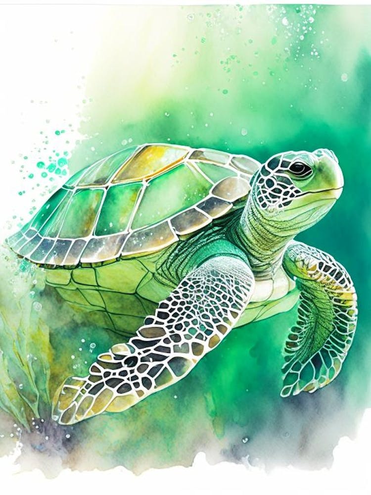 Green Sea Turtle (Chelonia Mydas), Sea Turtle Storybook Watercolours 1
