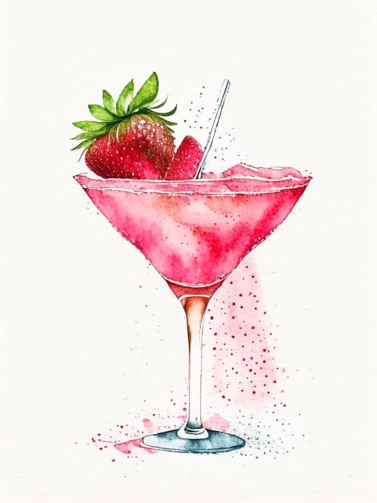 Strawberry Margarita, Cocktail, Drink Minimalist Watercolour