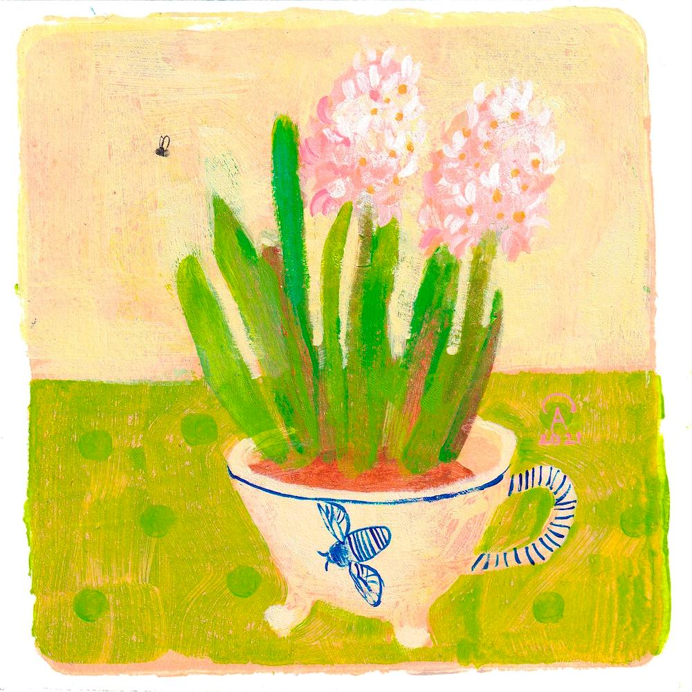 Pink Hiacinth In A Mug With A Bee Square