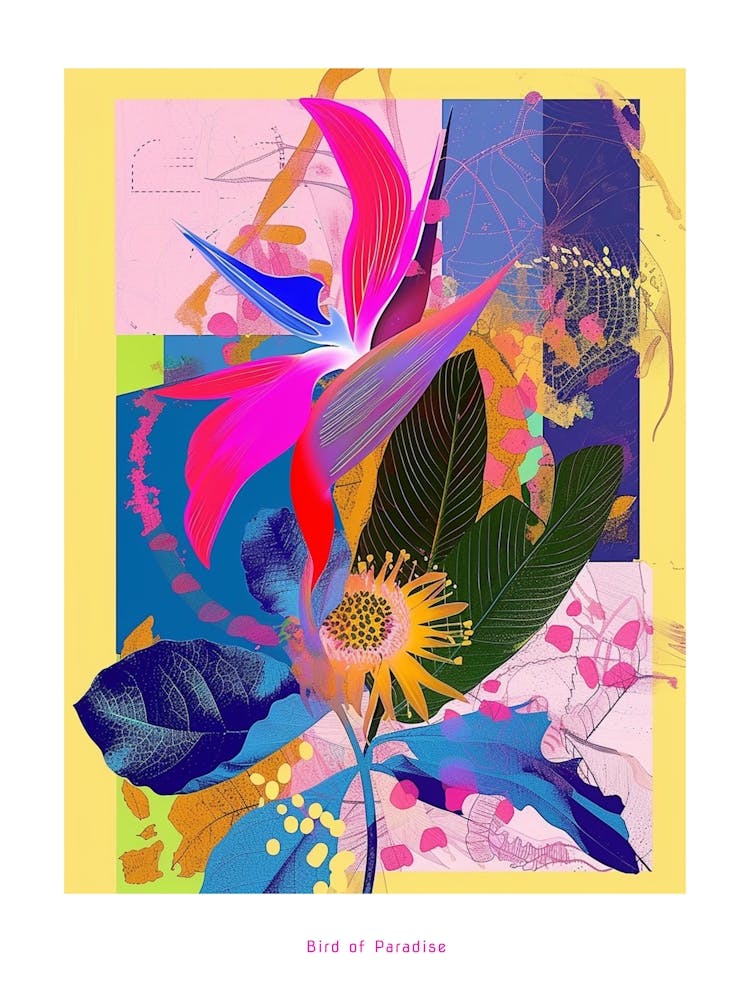 Bird Of Paradise 4 Neon Flower Collage Poster