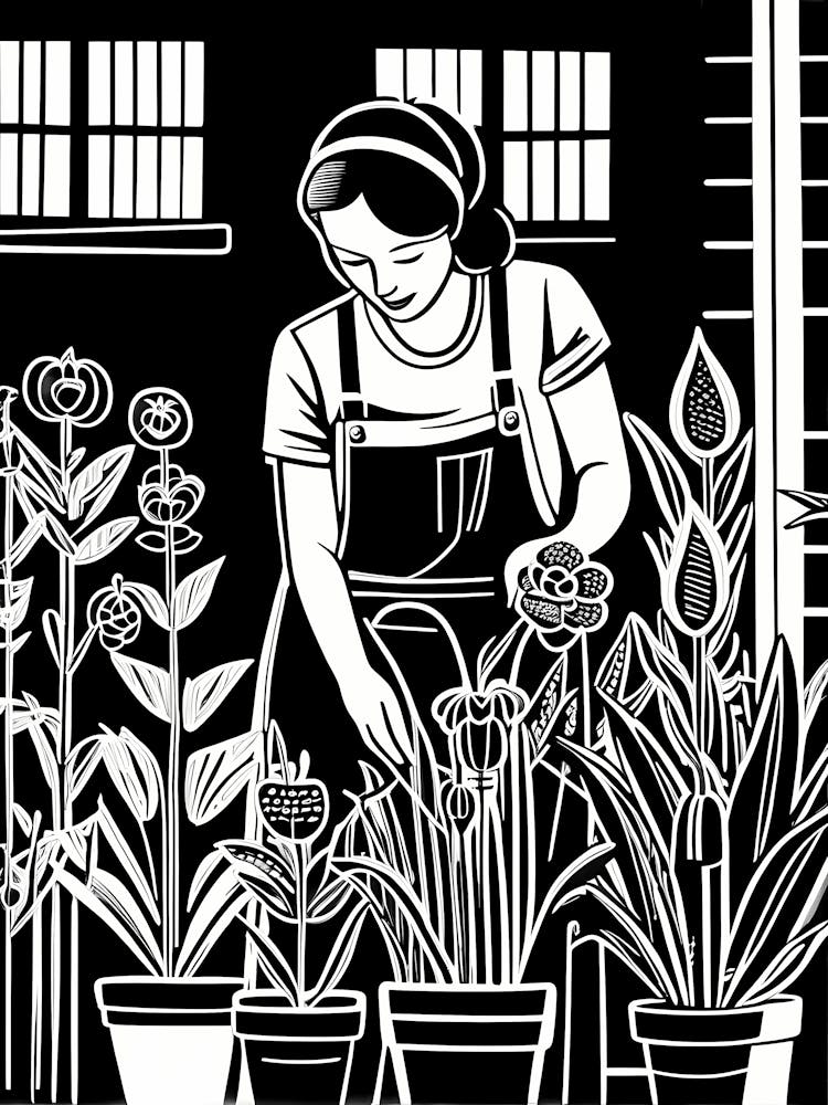 Just a girl who loves Gardening, Lion cut inspired Black and white Stylized portrait of a woman Gardening, 248