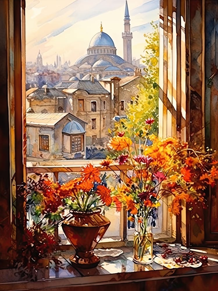 Window View Of Istanbul Turkey In Autumn Fall, Watercolour 1