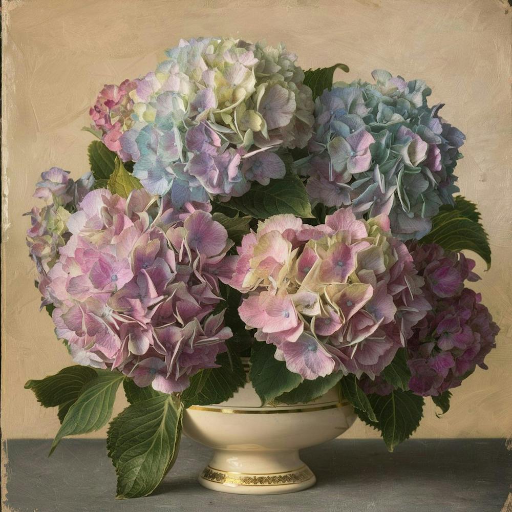 vintage oil paint print of a bouquet of vibrant hydrangeas