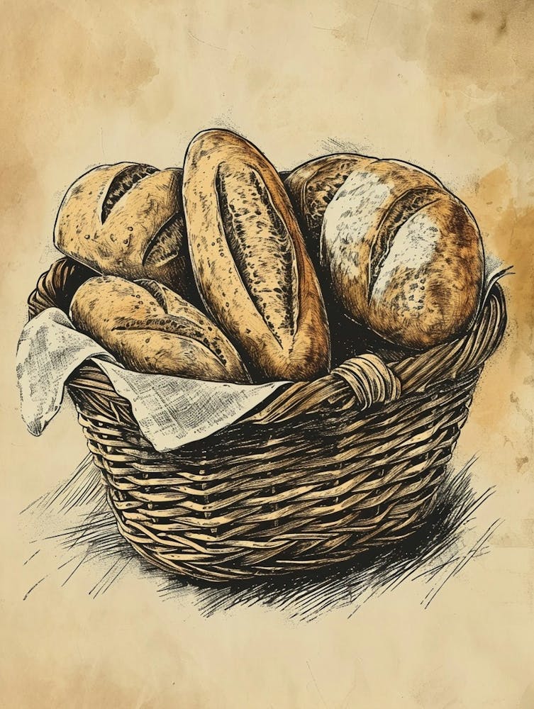 Rustic Bread In A Basket Watercolour Illustration 1