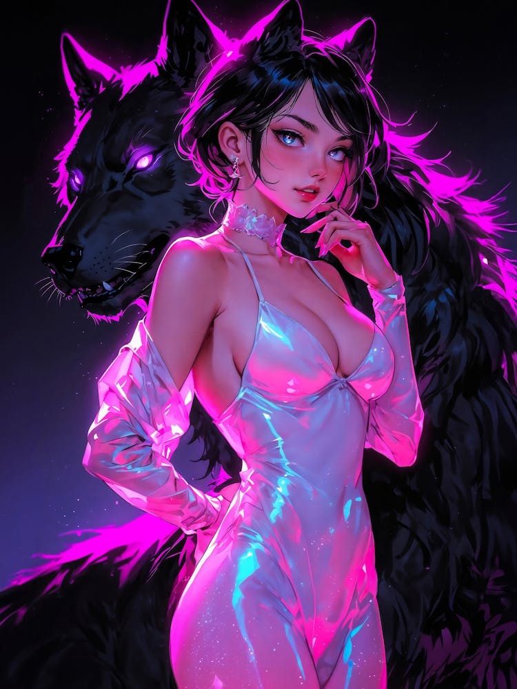 Cosplay wolf girl, black wolf, neon ghost wolf. Sexy animal girl in colorful manga style. An erotic fantasy female, blending cute and wild vibes.