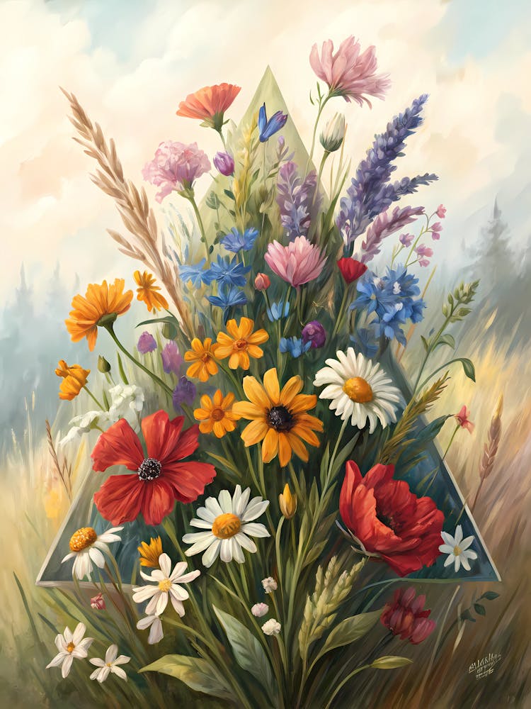 Triangular Wildflower Arrangement Oil Painting Style