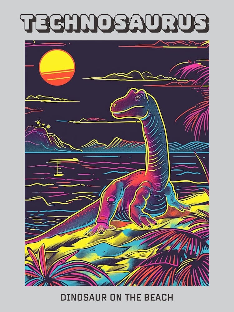 Neon Lines Dinosaur On The Beach Poster