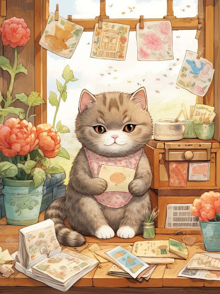 Kawaii Cat Drawings Collecting Stamps 2