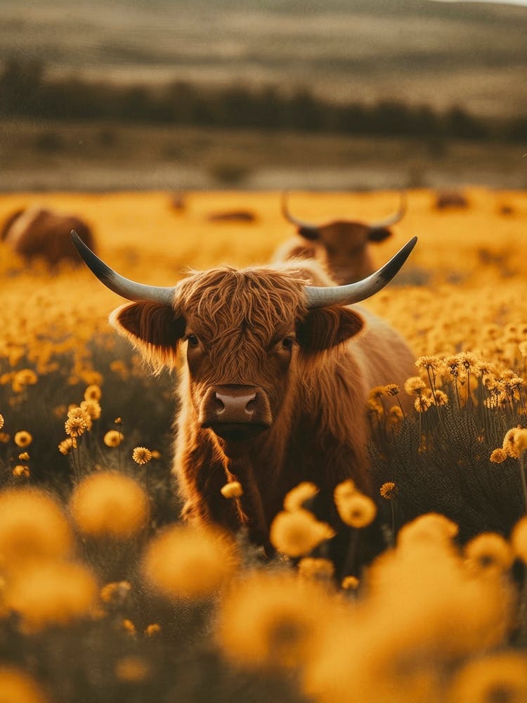 Highland Cows In Flower Field