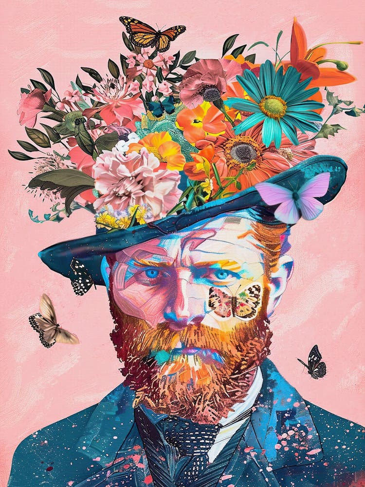 Vincent Van Gogh With Flowers on Hat, Altered, Colorful, Trendy, Vintage Style
