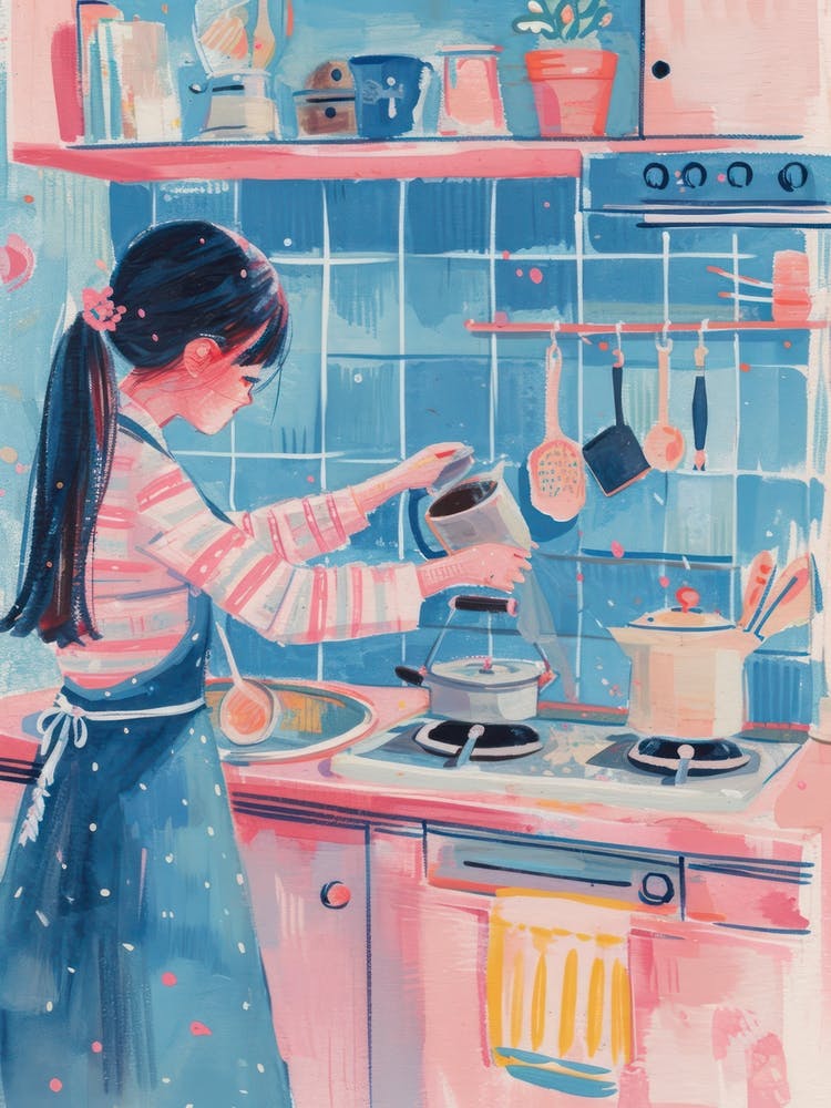 Girl Putting The Kettle On Lo Fi Kawaii Illustration 2