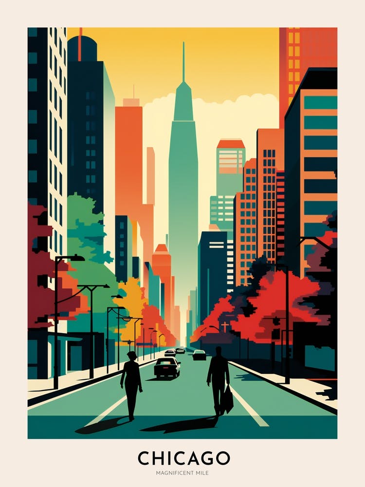 Magnificent Mile 2 Chicago Colourful Travel Poster